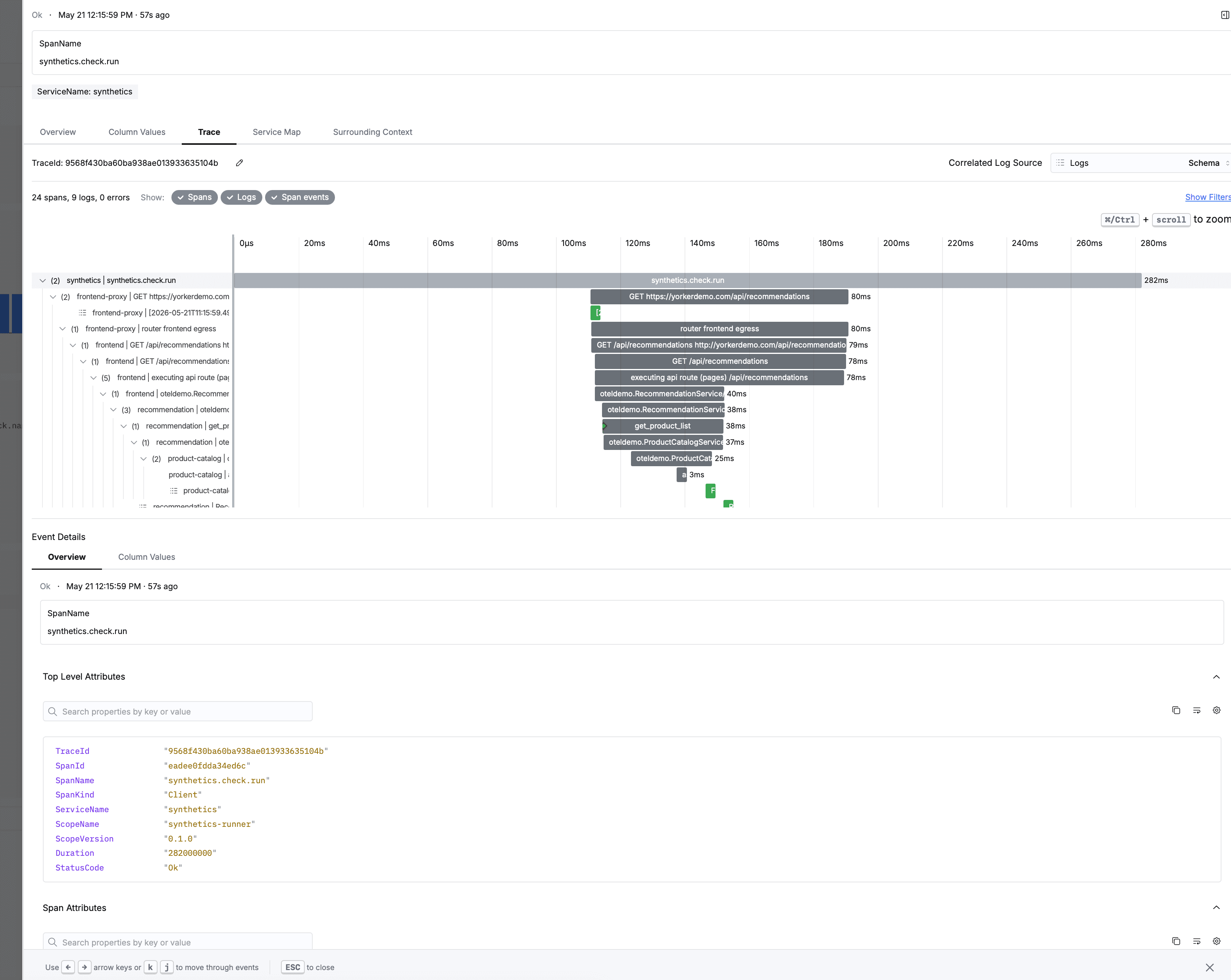 A HyperDX distributed trace view of a single synthetic check run. The traceparent Yorker injected carries through into the backend spans, so the synthetic step and the services it called sit in one trace instead of two disconnected tools.