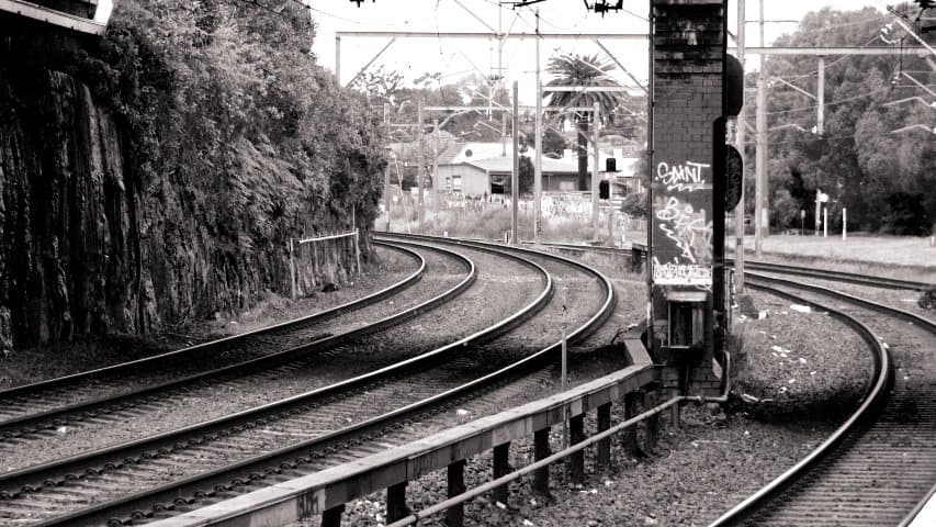 Railway lines curving towards each other at a junction.