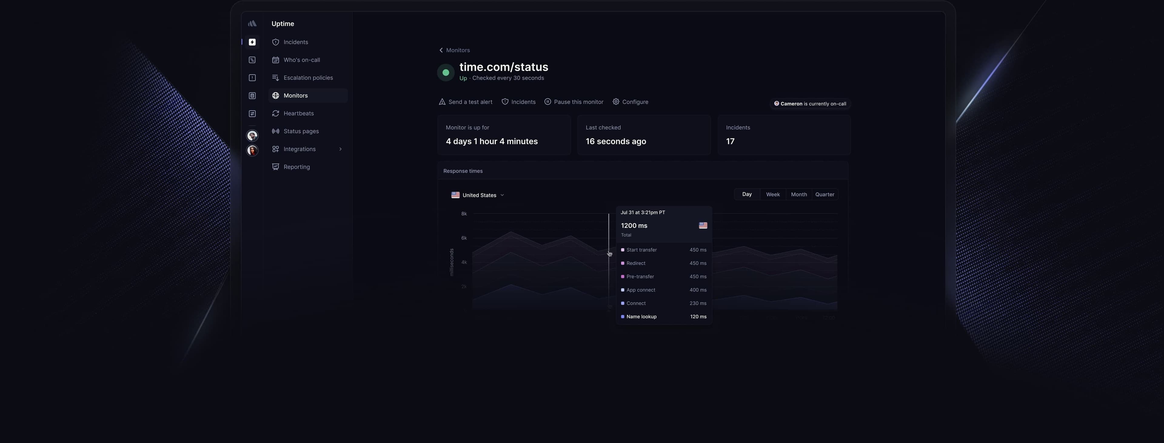 Better Stack Uptime monitoring dashboard, incident-centric UI with monitor list and status overview