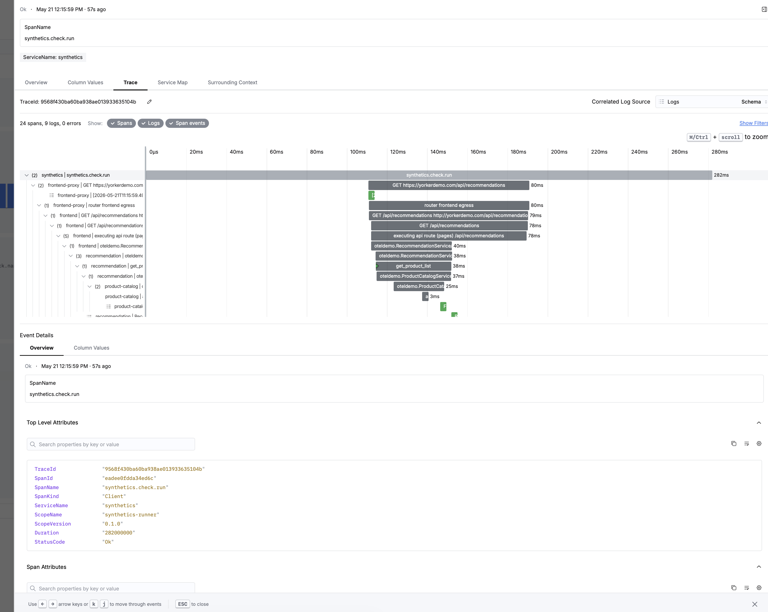 A HyperDX distributed trace view of a single synthetic check run. The traceparent Yorker injected carries through into the backend spans, so the synthetic step and the services it called sit in one trace instead of two disconnected tools.
