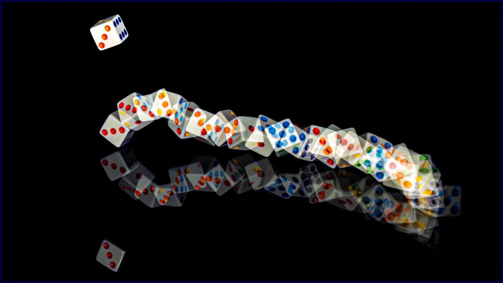 A trail of dice tumbling across a black surface, each one landing differently.